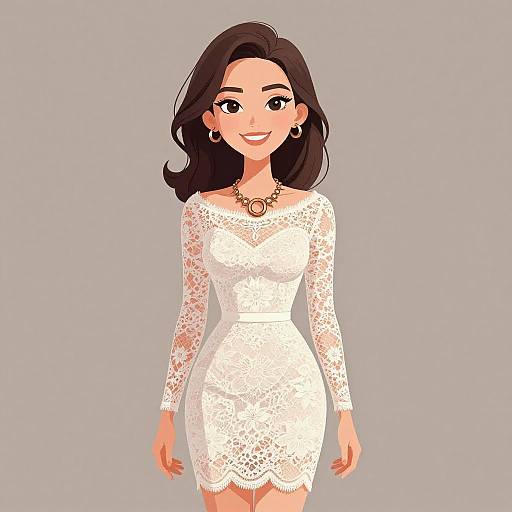 Digital illustration of a smiling woman with fair skin, dark wavy hair, wearing a white lace long-sleeve dress, gold necklace, and hoop