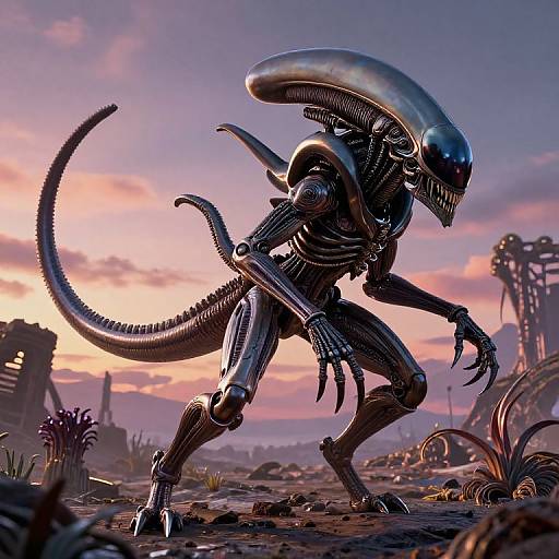 Digital artwork of a sleek, metallic Xenomorph with a long tail, crouching menacingly in a post-apocalyptic sunset landscape, featuring ruins