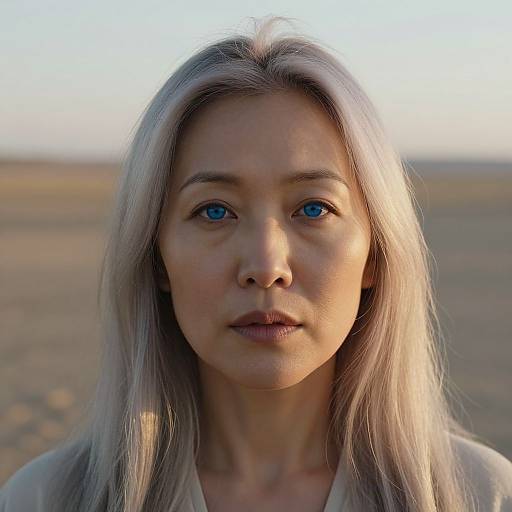 Photograph of a woman with long, silver hair, blue eyes, and fair skin, standing in a desolate, sunlit landscape.