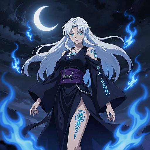 Digital anime-style illustration of a white-haired woman with blue eyes, wearing a black kimono with glowing blue tattoos, surrounded by blue flames under a cres