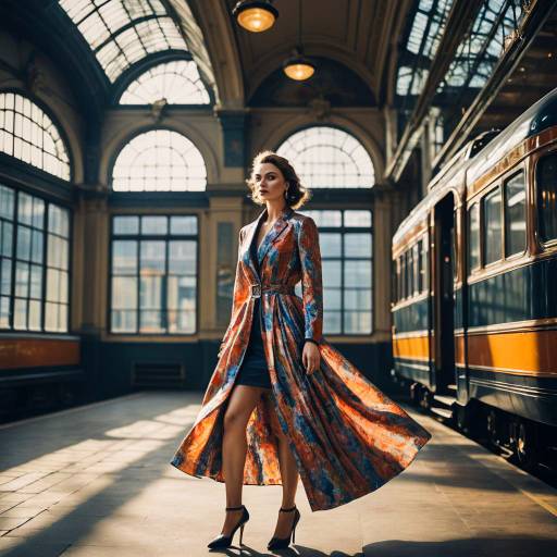 Elegant Woman in Colorful Coat at Vintage Train Station