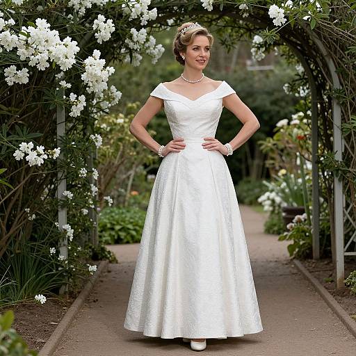 Photograph of a smiling bride in a white, off-the-shoulder, satin wedding gown, standing under a blooming garden archway.