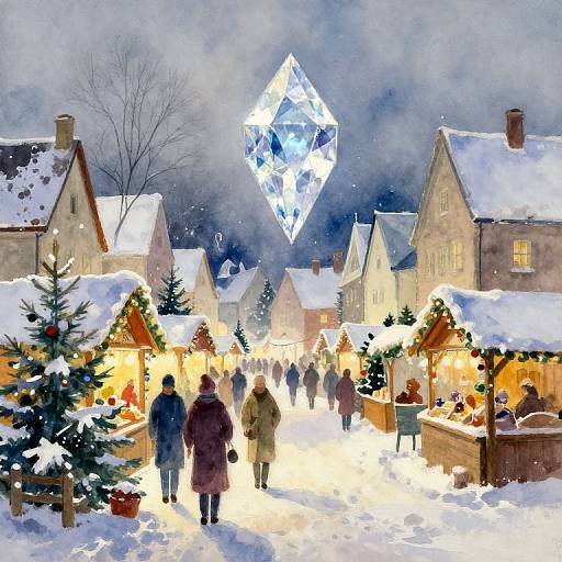 Watercolor-style painting of a snowy Christmas market at night, with glowing stalls, people in winter clothes, and a large, glowing diamond in the sky