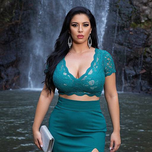 Photograph of a curvy woman with long black hair, wearing a teal lace crop top and high-waisted skirt, holding a silver clutch,