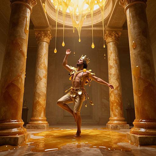 Photograph of a muscular Indian dancer in gold attire, adorned with jewelry, performing under a glowing, honey-like chandelier in a grand, marble-column