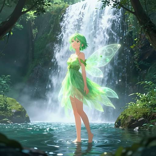 Digital anime art of a green-haired fairy with glowing wings, wearing a leafy dress, standing in a waterfall pool, surrounded by lush forest.