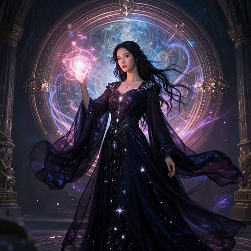 Enigmatic Sorceress Casting Luminous Spells