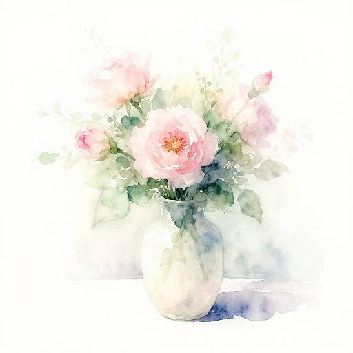 Watercolor painting of a bouquet featuring soft pink roses and green foliage in a white vase, with delicate, airy brushstrokes.