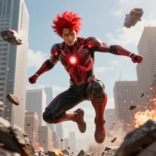 Photorealistic CGI of a red-haired man in a red and black armored suit, mid-jump, in a cityscape with crumbling buildings and explosions