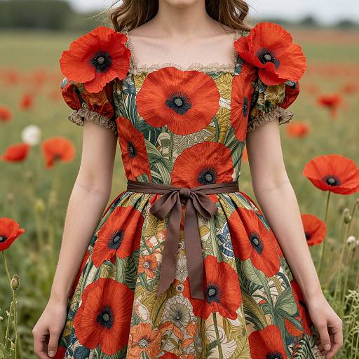 Photograph of a woman in a vibrant, red poppy-patterned dress with puffed sleeves and brown ribbon, standing in a field of red pop