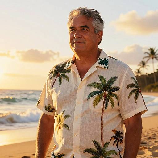 Photograph of an older man with gray hair in a white, palm tree-patterned shirt standing on a sunlit beach at sunset.