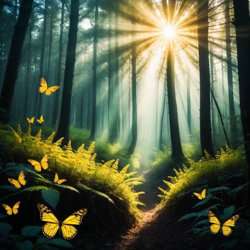 Enchanting Forest with Sunlit Butterflies