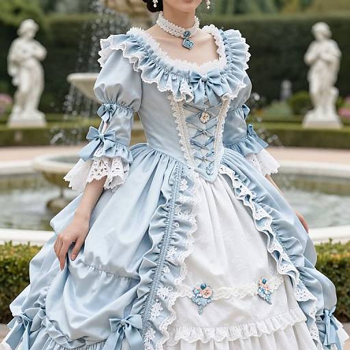Photograph of a woman in a detailed, light blue, Victorian-style dress with white lace and bows, in a formal garden with statues and a fountain