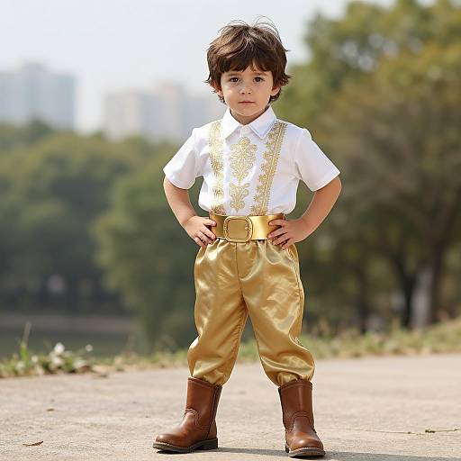 Photograph of a young boy with brown hair, wearing a white shirt, gold suspenders, and pants, brown boots, standing confidently in a sunny