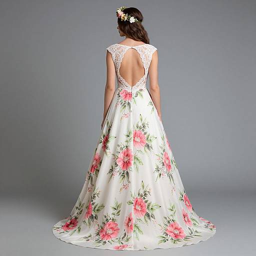 Photograph of a bride in a white, floral-embellished, backless wedding gown with lace shoulders, wearing a flower crown, facing away