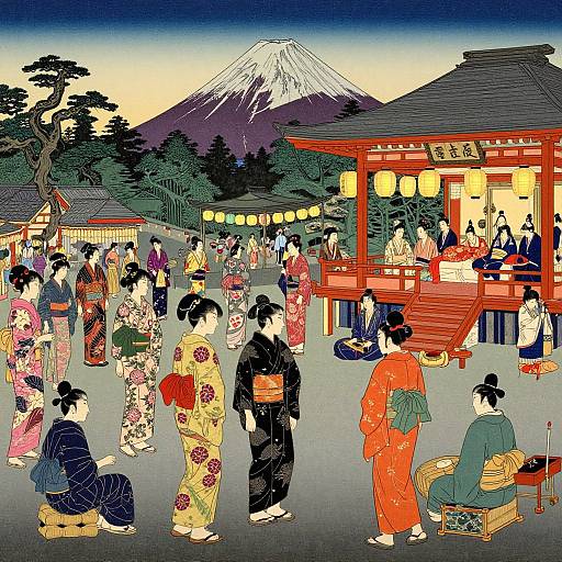 Colorful Edo-period woodblock print of a lively festival scene with kimonos, lanterns, mountain backdrop, and diverse people socializing.
