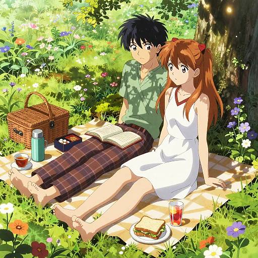 Anime-style illustration of a black-haired boy and red-haired girl in white dress, sitting on a picnic blanket in a sunlit, floral meadow,