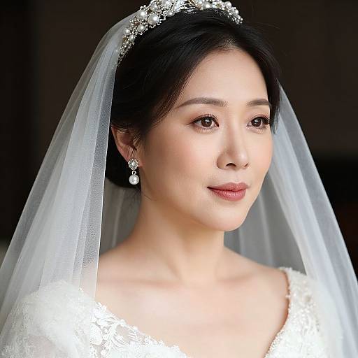 Photograph of an Asian bride with fair skin, black hair, wearing a white lace wedding dress, tiara, veil, and pearl earrings.