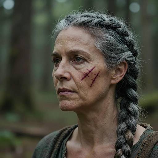 Woman with Braided Hair and Facial Scars in Forest