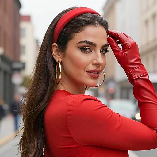 Confident woman in red with gold hoop earrings
