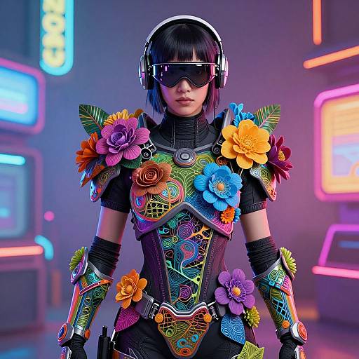 Digital artwork of a futuristic woman wearing colorful flower-adorned armor, black gloves, and headphones, with neon-lit background. Vibrant, cyber