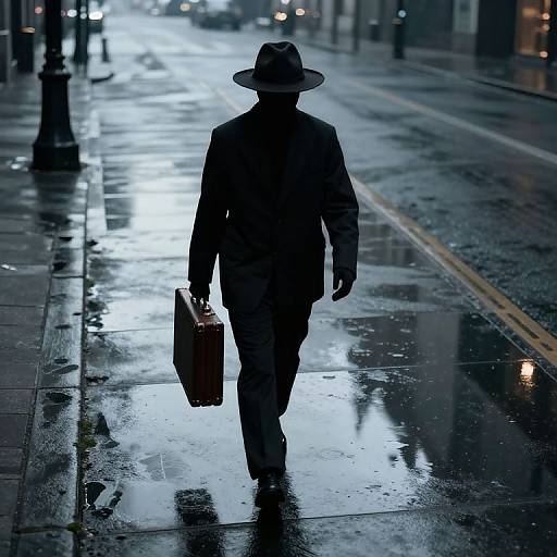 Silhouetted man in dark suit and wide-brimmed hat walks alone on a rainy, reflective city street, carrying a briefcase.