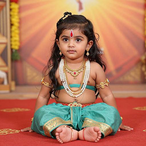 Photograph of a young Indian girl with dark hair, sitting on a red carpet, wearing traditional gold jewelry, turquoise harem pants, and a red