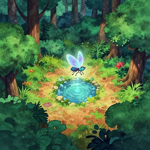 Digital illustration of a glowing blue butterfly-like insect hovering above a luminous pond in a vibrant, dense forest with green foliage and red flowers.