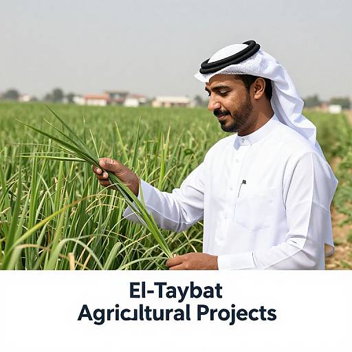 Photograph of a Middle Eastern man in a white thobe and kufi, standing in a lush green rice field, gently holding rice stalks