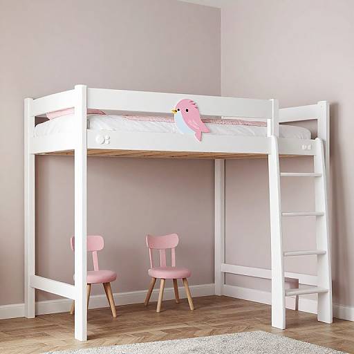 Photograph of a white wooden loft bed with a pink bird sticker, pink chair, and ladder, in a light gray room.