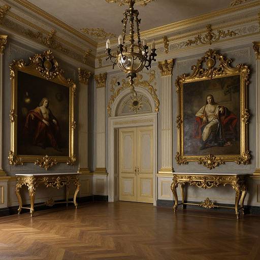 Luxurious, ornately decorated room with baroque-style paintings, gold-framed, chandelier, wooden floor, and detailed moldings; three large