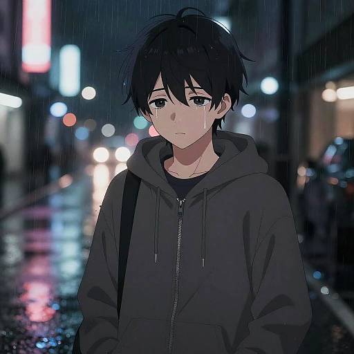 Sad Anime Boy Under Rainy Neon Lights