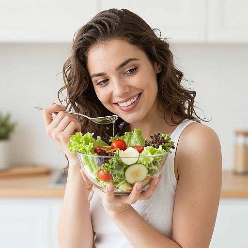 Photograph of smiling young woman with wavy brown hair, wearing white tank top, holding glass bowl of colorful salad, using fork. Bright, blurred