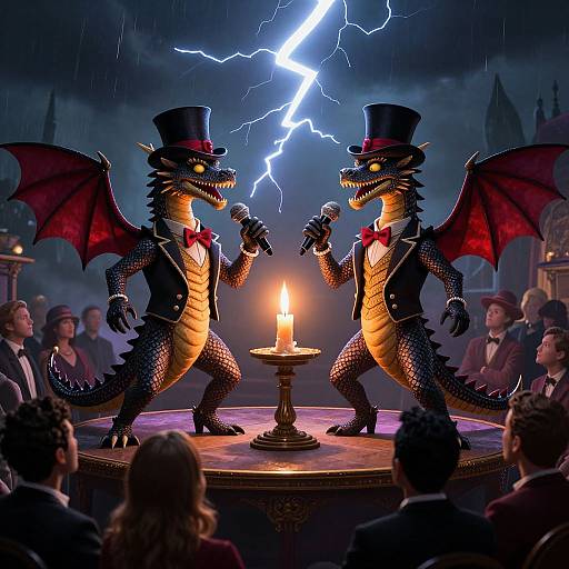 Digital artwork of two anthropomorphic dragons in top hats and bow ties, singing into microphones under a lightning bolt, with a candlelit stage and audience