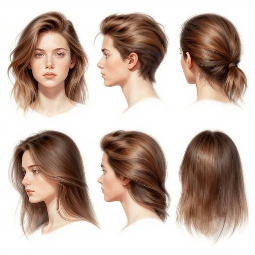 Digital illustration of a woman's six different hairstyles: front view, side profile, back view, and variations of side ponytails. White background. Real