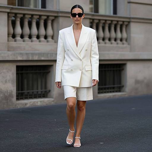 Photograph of a chic woman in a white double-breasted blazer and matching skirt, black sunglasses, and white sandals, walking on a city street