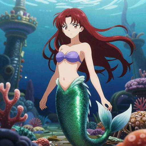 Anime Merfolk Enchantress in Sunken Coral Palace
