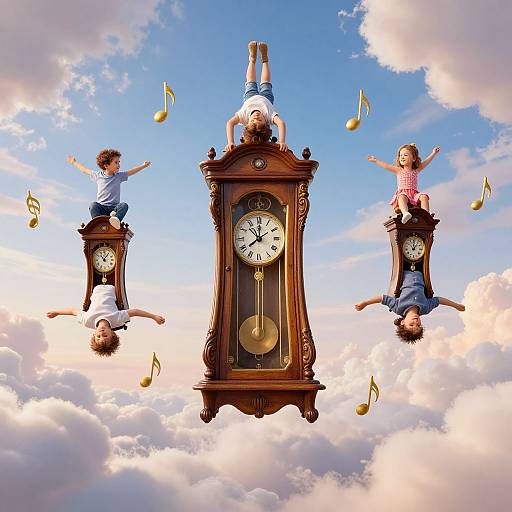 Photograph of four children, one upside-down on a floating wooden clock, surrounded by musical notes, against a blue sky with fluffy clouds.
