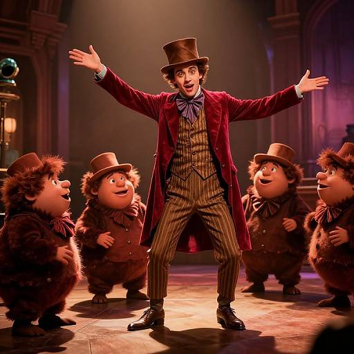 Photograph of a stage show featuring a bearded man in a red velvet coat and top hat, surrounded by four furry, hat-wearing characters,