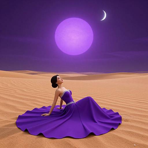 Photorealistic digital image of a woman in a purple evening gown, seated in a desert under a glowing purple moon and sun.
