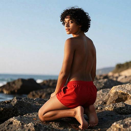 Boy at Rocky Coast During Sunrise