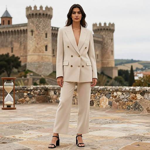 Confident Hourglass Woman in Beige Pantsuit