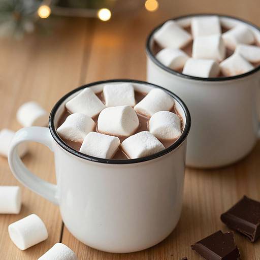 Photograph of two white enamel cups filled with hot chocolate and white marshmallows on a wooden table, with scattered marshmallows and chocolate pieces.