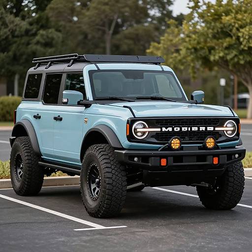 Photograph of a blue, lifted, off-road Mitsubishi Montero with large black tires, black roof rack, and orange fog lights, parked in a