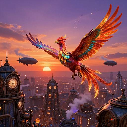 Vibrant, winged phoenix with fiery feathers soars above a steampunk cityscape at sunset, with airships and clock towers in the
