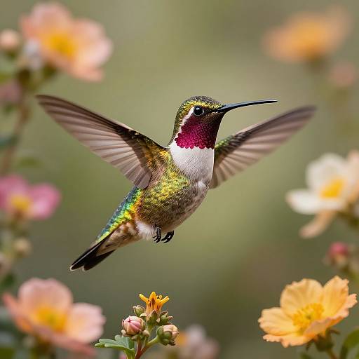 Photograph of a vibrant hummingbird with iridescent green, purple, and white feathers, mid-flight, surrounded by colorful, blooming flowers.