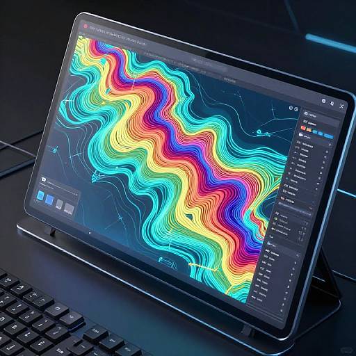 Photograph of a colorful, wavy, multi-hue digital map displayed on a sleek, black tablet laptop, resting on a dark keyboard.