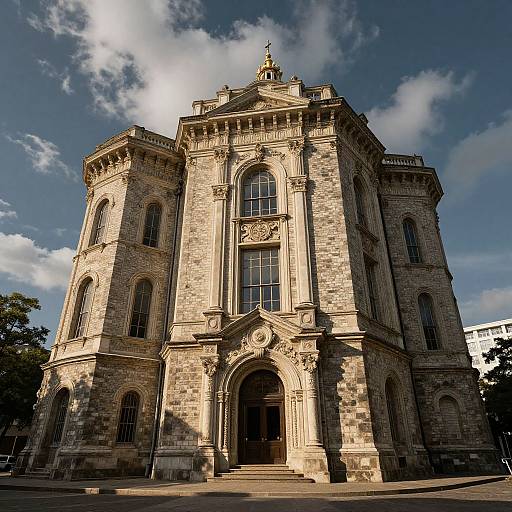 Photograph of a grand, historic stone church with ornate architecture, large arched windows, detailed carvings, and a golden roof finial