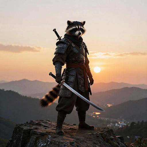 Photograph of an anthropomorphic raccoon warrior in medieval armor with a sword, standing on a rocky cliff at sunset, mountains in the background.