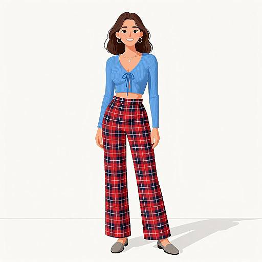 Digital illustration of a smiling woman with medium-length brown hair, wearing a blue long-sleeve crop top and red plaid high-waist pants